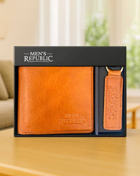 Men's Republic Leather Wallet and Keyring Set - Brown LWB