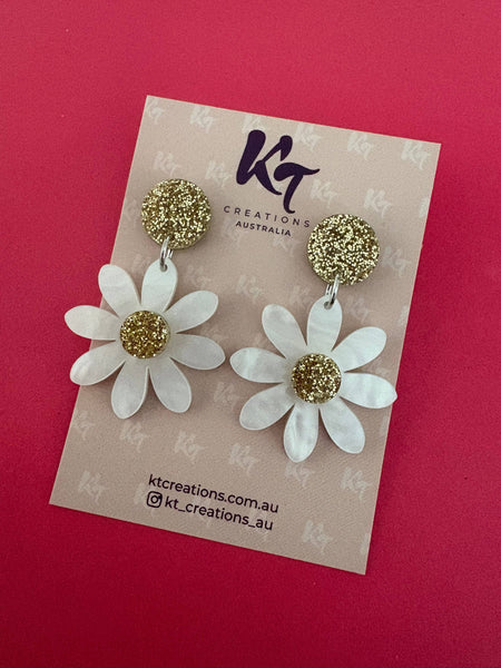 White Marble & Champagne glitter daisy Acrylic Earrings MCG