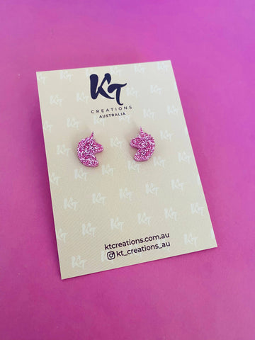 Earrings Pink glitter unicorn stud acrylic KTU