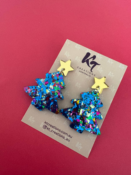 Blue sparkle, gold star Christmas Tree Acrylic dangles BST