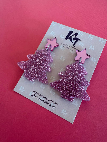 Light Pink glitter Christmas Tree Acrylic dangles LPGC