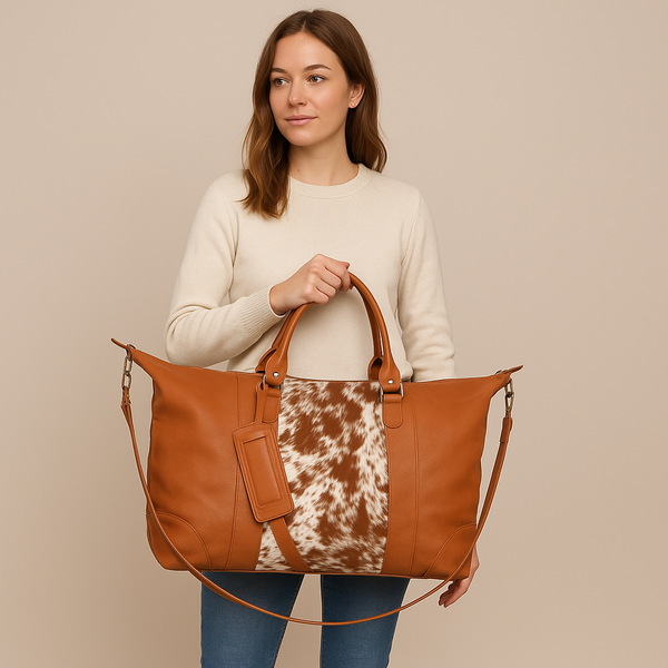 Greenwood Leather - Outback Hair-On Duffle – Tan Leather & Cowhide Travel Bag GLC