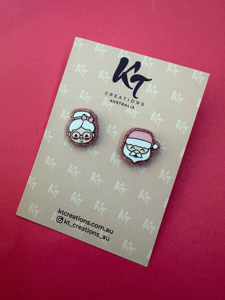 Santa & Mrs Claus - pink glitter Christmas stud earrings SMC
