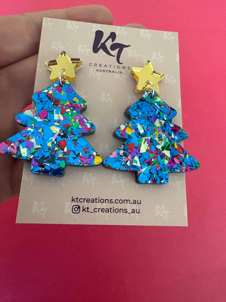 Blue sparkle, gold star Christmas Tree Acrylic dangles BST