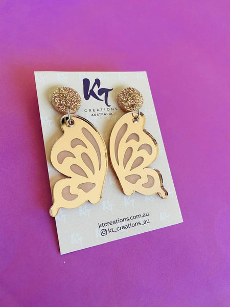 Rose Gold etched Butterfly Wing Acrylic Dangle Earrings RGB