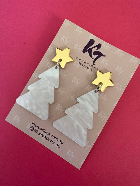 Christmas Tree earrings - White marble swirl acrylic dangles CTMW