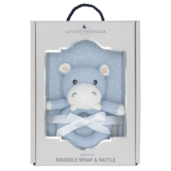 Gift Set - Jersey Swaddle & Rattle - Blue Dots/Hippo GSBH