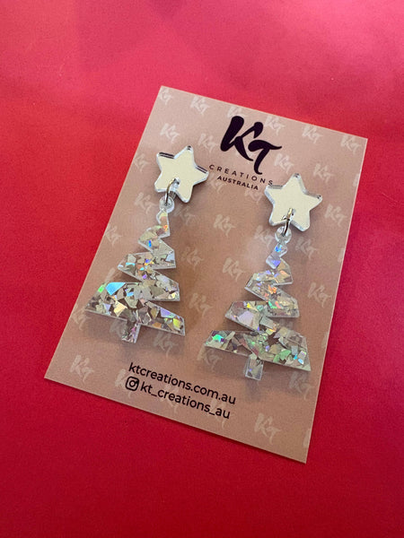 Chunky Silver glitz Christmas Tree Acrylic dangles CSCT
