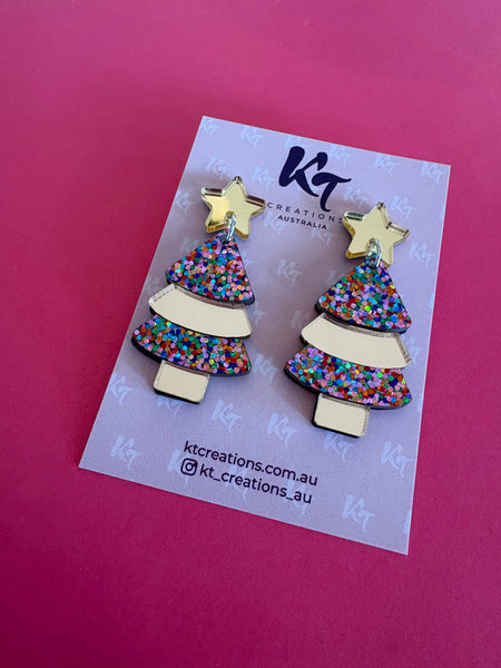 Layered Confetti popping Christmas Tree acrylic earrings LCT