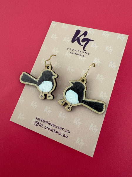 Willie wagtail bamboo dangle hook Aussie bird earrings WWT