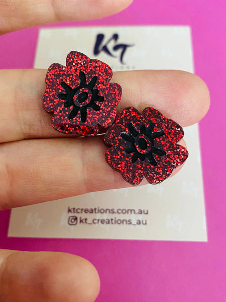 Poppy Acrylic Studs - Red Glitter & Hand Painted PRG