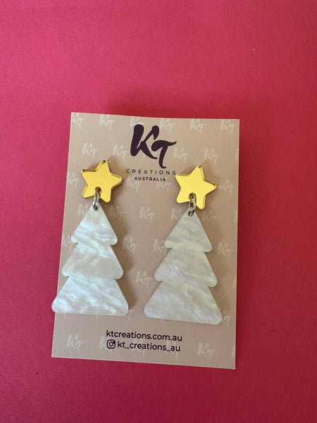 Christmas Tree earrings - White marble swirl acrylic dangles CTMW