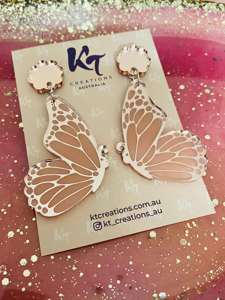 Earrings - Rose Gold Butterfly Wing Acrylic Dangle KTRB