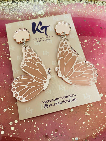 Earrings - Rose Gold Butterfly Wing Acrylic Dangle KTRB