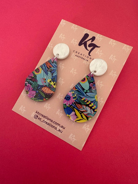 Blue floral Whimsical acrylic teardrop dangles BFW