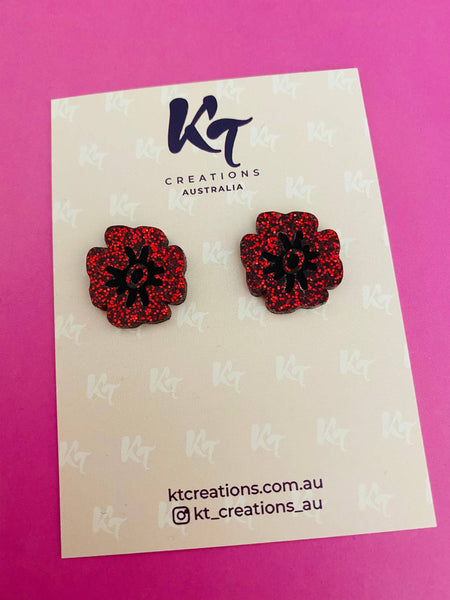 Poppy Acrylic Studs - Red Glitter & Hand Painted PRG