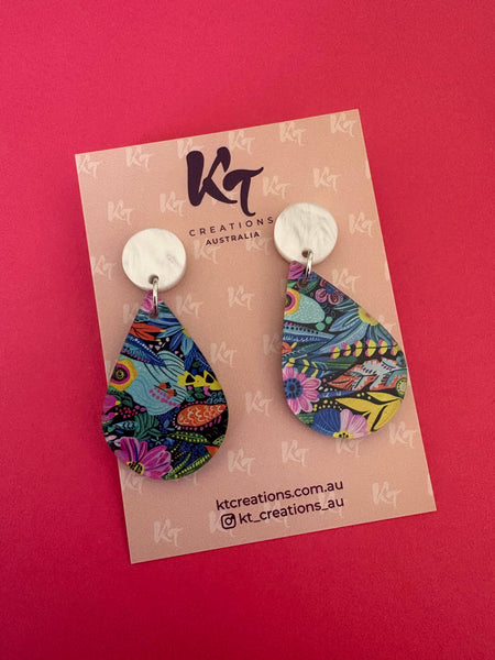 Blue floral Whimsical acrylic teardrop dangles BFW