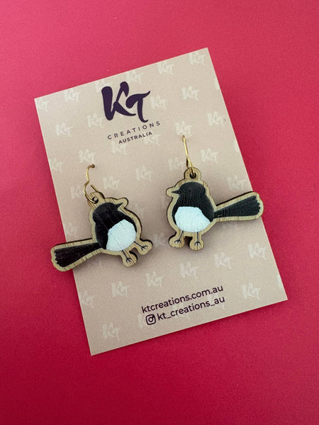 Willie wagtail bamboo dangle hook Aussie bird earrings WWT