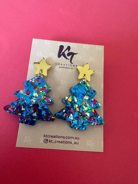 Blue sparkle, gold star Christmas Tree Acrylic dangles BST