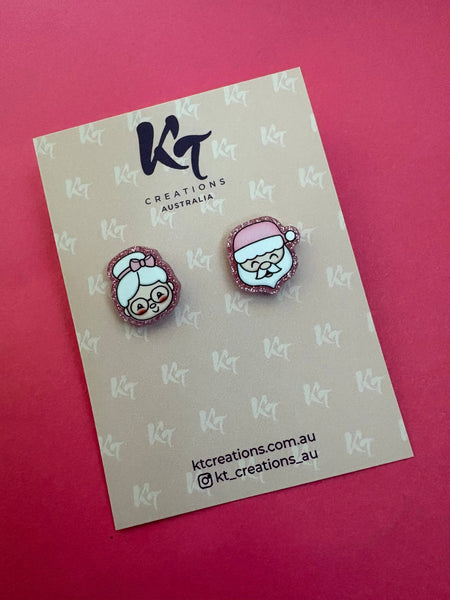 Santa & Mrs Claus - pink glitter Christmas stud earrings SMC