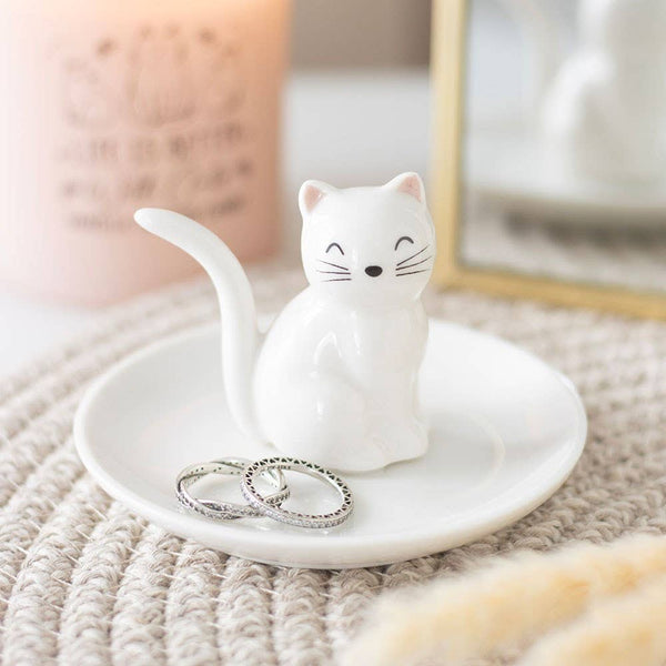 Sitting White Cat Face Ceramic Trinket Dish CFT