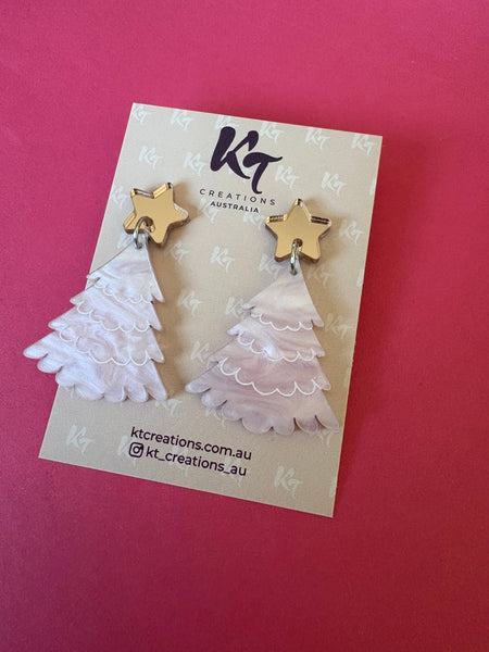 Christmas Tree earrings - pink marble swirl acrylic dangles CTPS