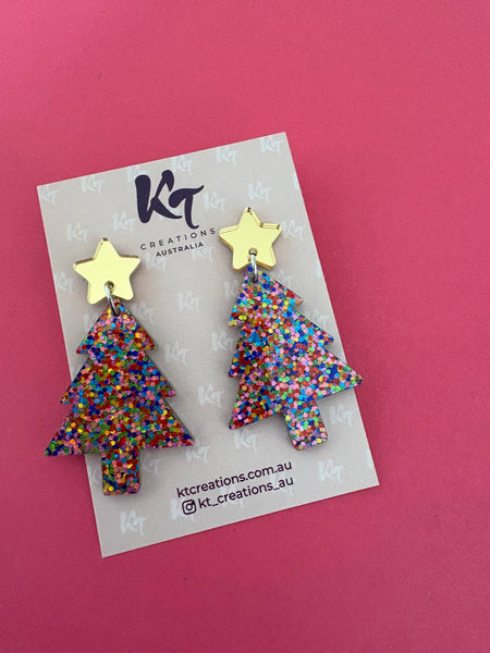 45mm Strawberry Confetti Christmas Tree acrylic earrings KTSC