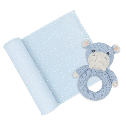 Gift Set - Jersey Swaddle & Rattle - Blue Dots/Hippo GSBH
