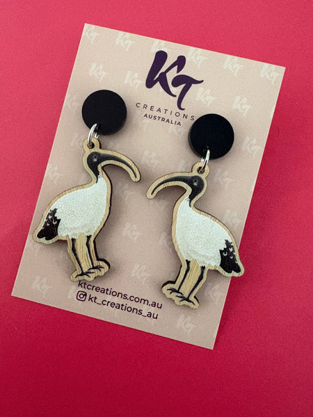 Ibis Bamboo dangle earrings - Australian bird black topper
