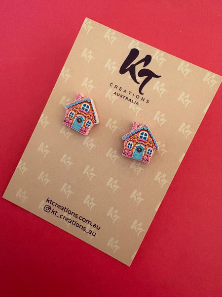 Gingerbread house pink acrylic stud earrings GHP