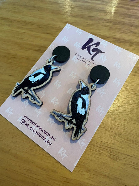 Magpie Bamboo dangle earrings - Australian bird black topper KTM