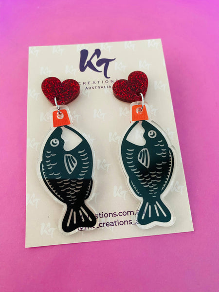 EARRINGS - Soy sauce fishy acrylic earrings - dark red glitter topper KTSS