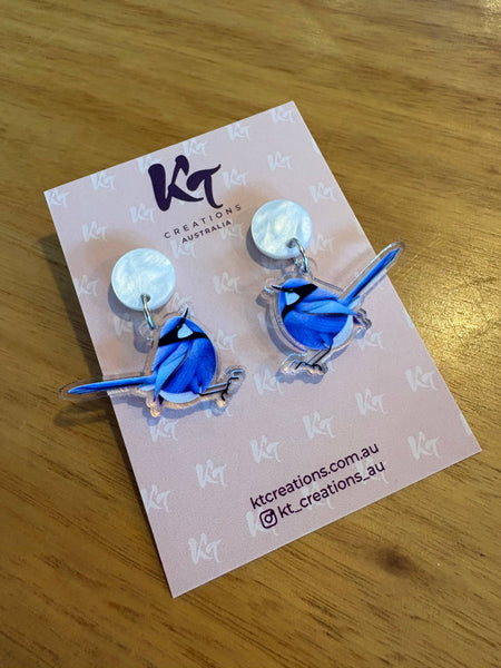 Blue Fairy Wren acrylic dangle earrings - Australian bird BFW