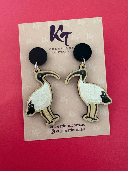 Ibis Bamboo dangle earrings - Australian bird black topper