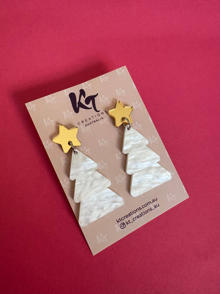Christmas Tree earrings - White marble swirl acrylic dangles CTMW