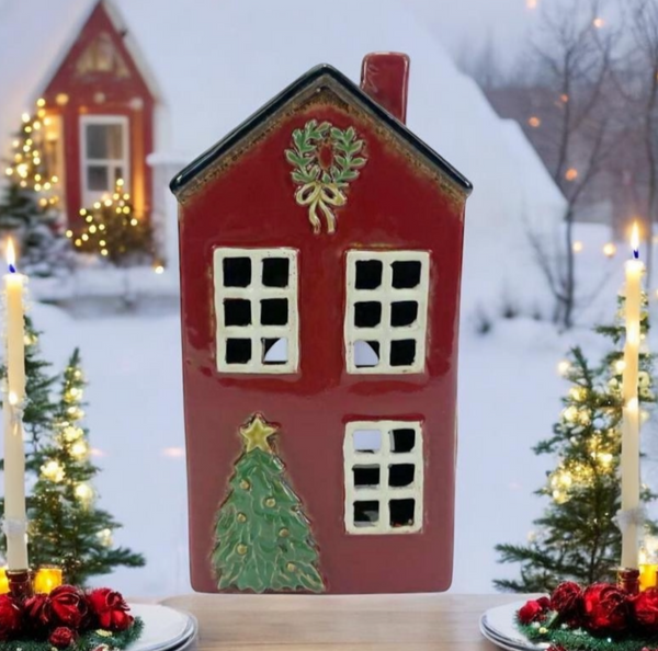 Tealight Town - Ceramic Xmas House tree and wreath