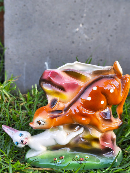 Vintage Kitsch Vase - deer and rabbit VKV