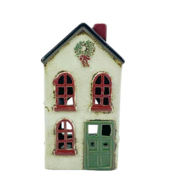 Tealight Town - Ceramic Xmas House wreath with Green Door