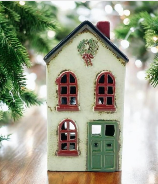 Tealight Town - Ceramic Xmas House wreath with Green Door