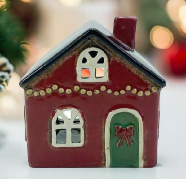 Tealight Town - Ceramic Xmas  House with string of lights