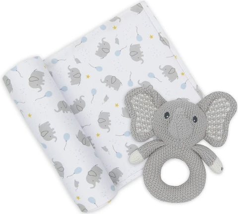 Gift Set Knitted Rattle & Swaddle Wrap Mason the Elephant GSME